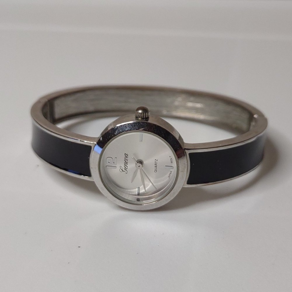 Black And Silver Tone Geneva Metal Hinged Bracelet Watch